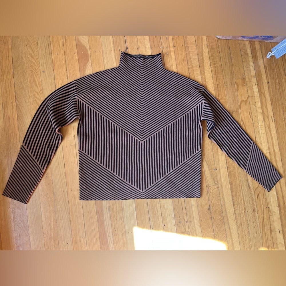 Rachel Zoe soft geometric knit mock neck sweater stripes tan black brown S M
